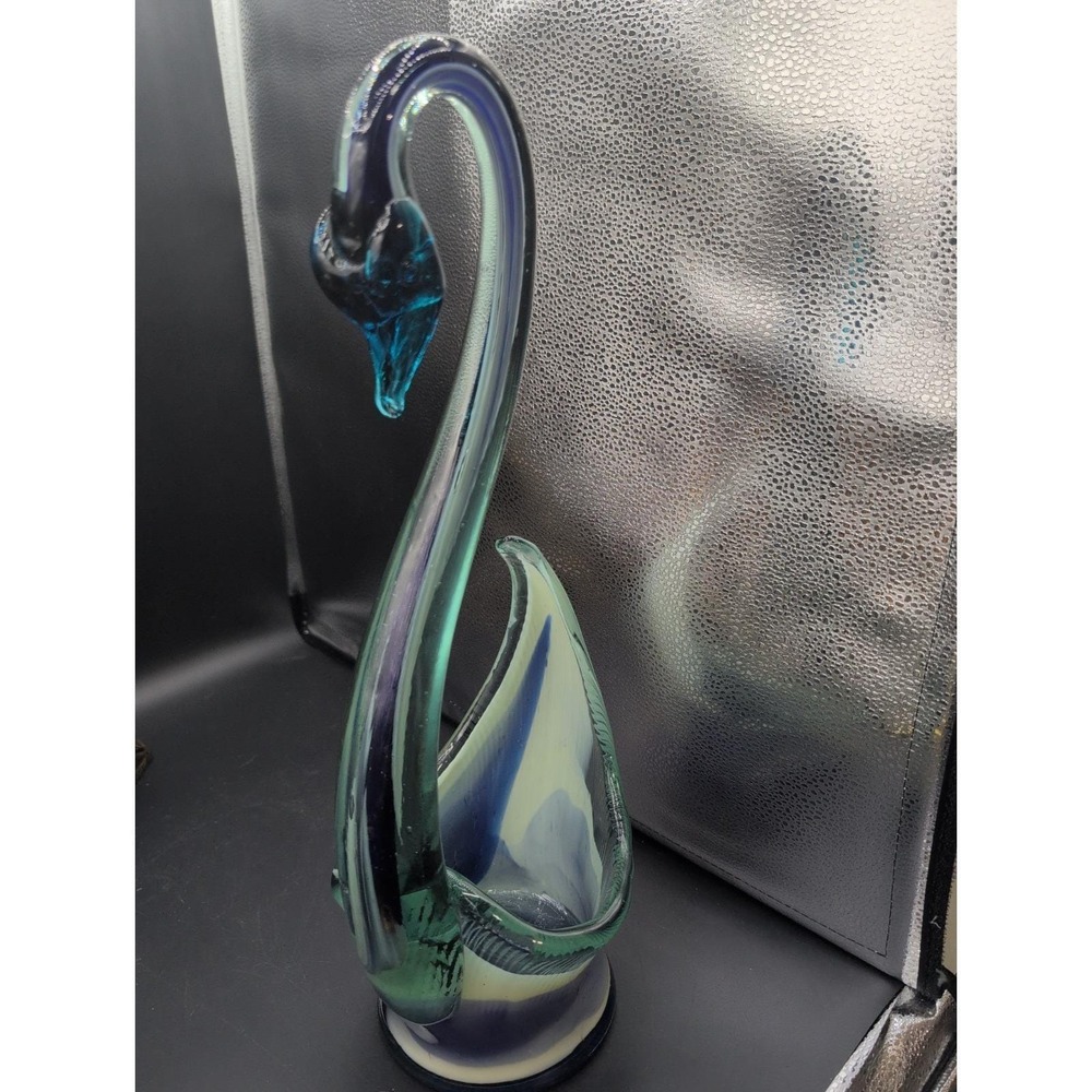 Vtg. Italy Murano Glass Swan Long Neck,Clear Blue White Swirl 17.5" Basket Style